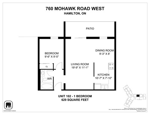 Floor plan for 1 bed, 1 bath, 684 sqft